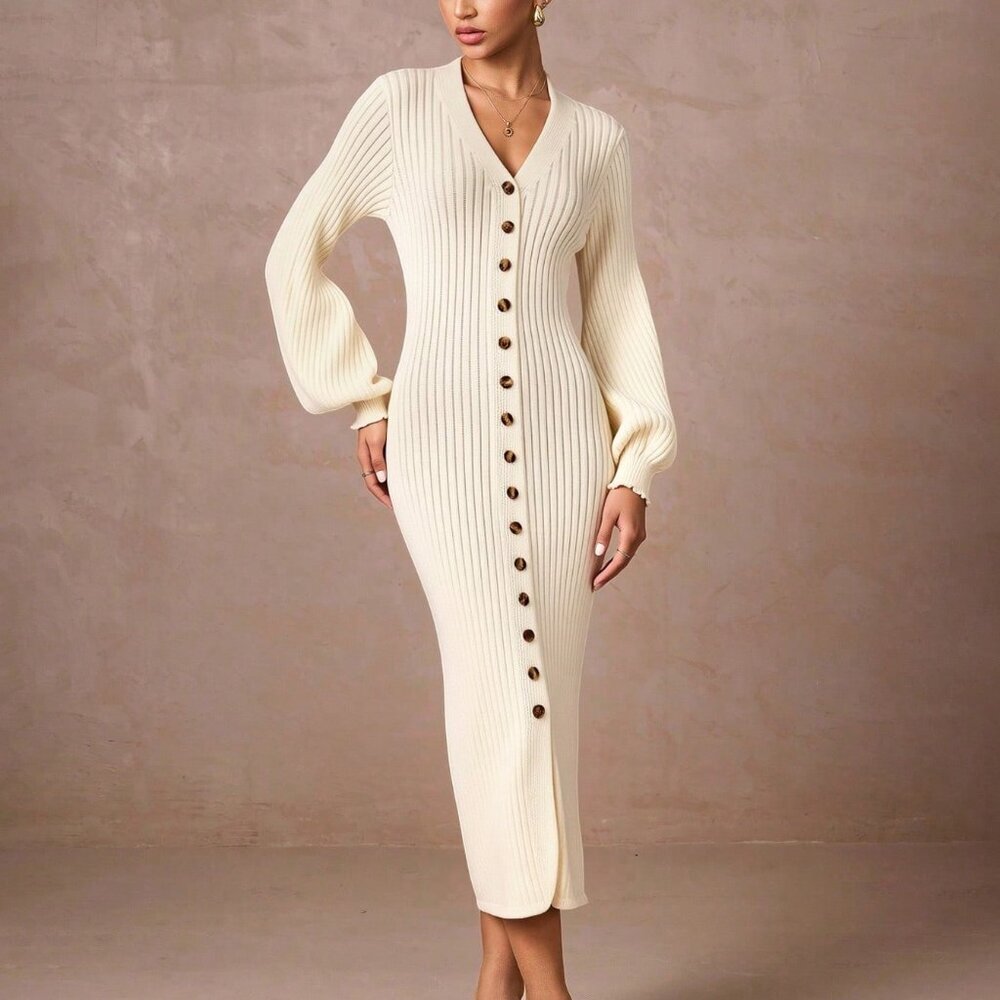 Apricot Elegant Women's Drop Shoulder Maxi Sweater Dress